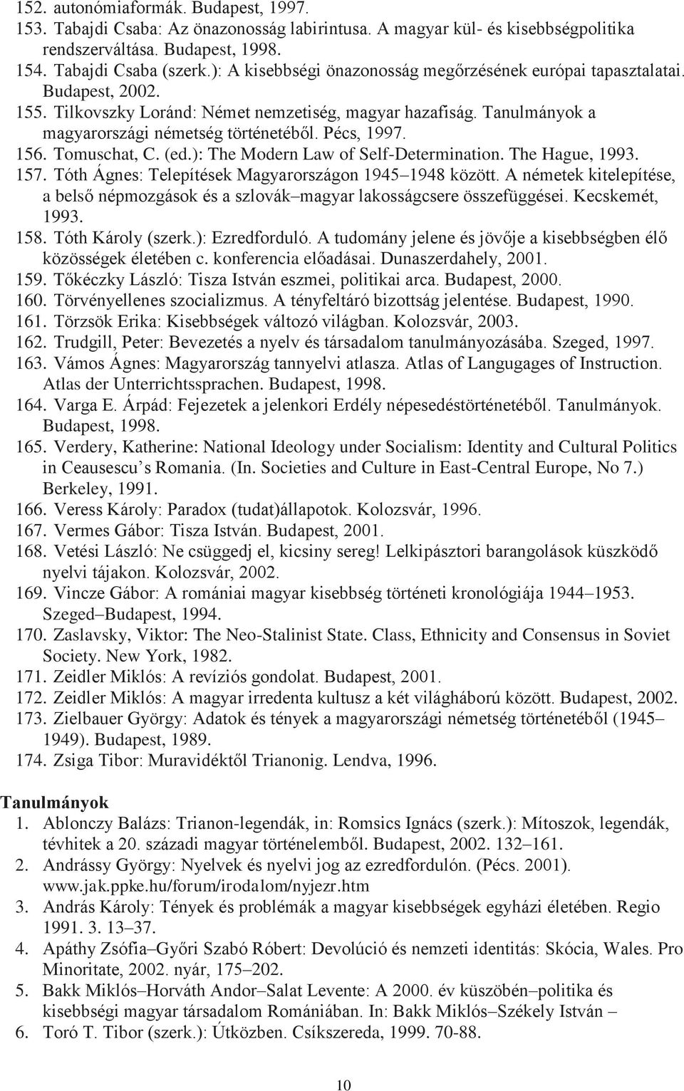 Pécs, 1997. 156. Tomuschat, C. (ed.): The Modern Law of Self-Determination. The Hague, 1993. 157. Tóth Ágnes: Telepítések Magyarországon 1945 1948 között.