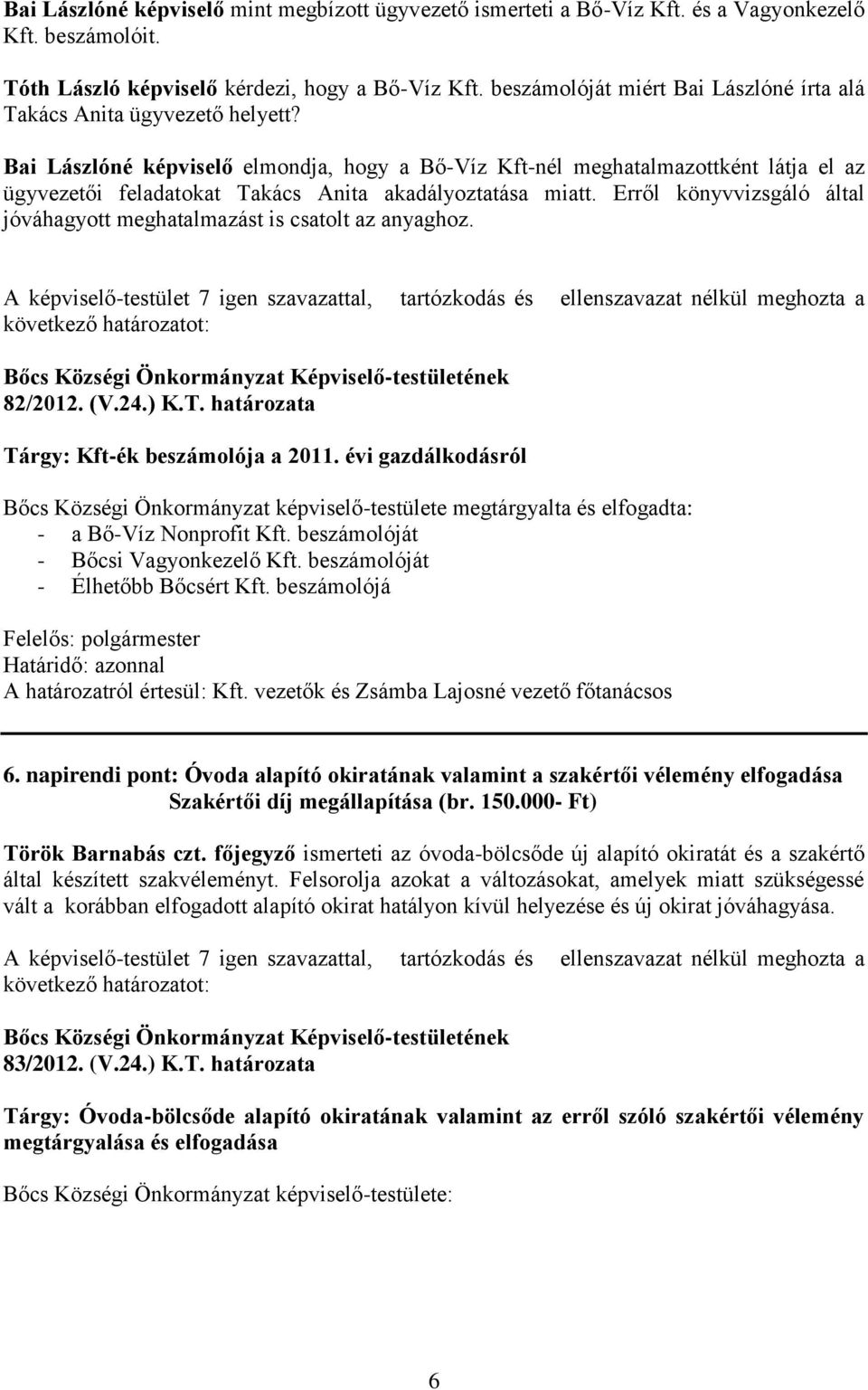 Bai Lászlóné képviselő elmondja, hogy a Bő-Víz Kft-nél meghatalmazottként látja el az ügyvezetői feladatokat Takács Anita akadályoztatása miatt.