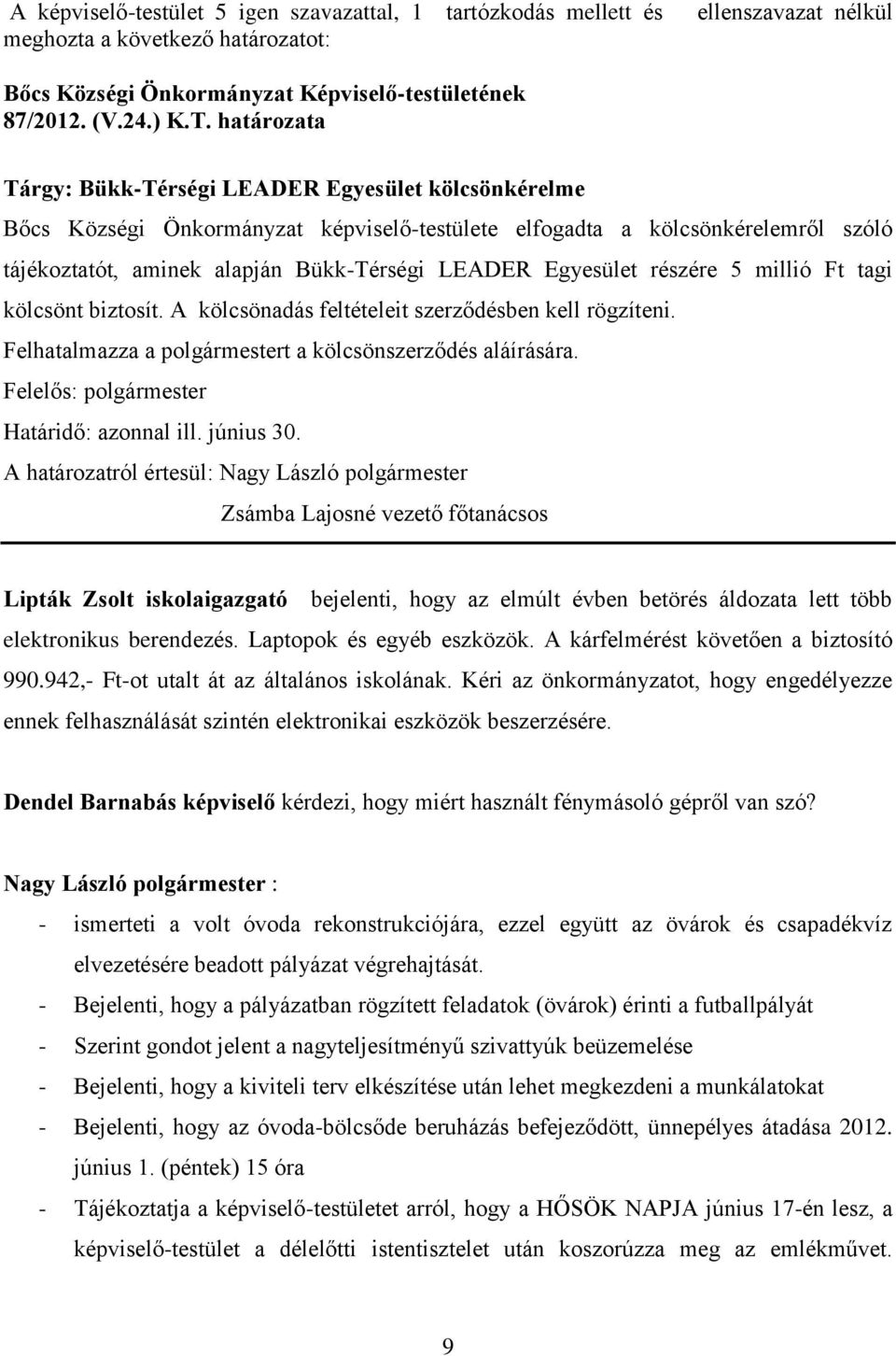 Egyesület részére 5 millió Ft tagi kölcsönt biztosít. A kölcsönadás feltételeit szerződésben kell rögzíteni. Felhatalmazza a polgármestert a kölcsönszerződés aláírására. ill. június 30.