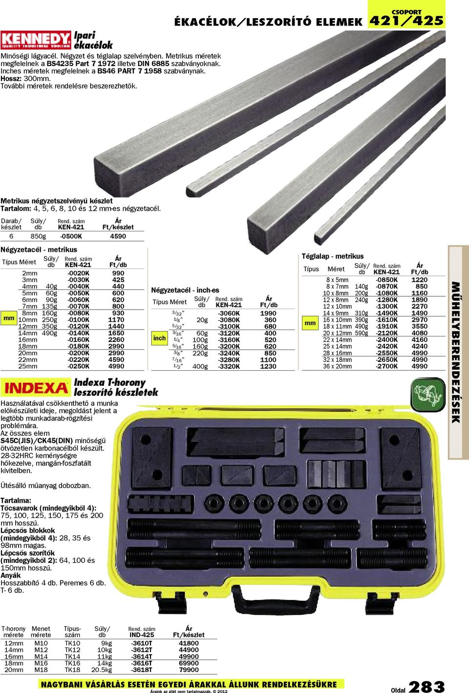 csoport 421/425 Metrikus négyzetszelvényû készlet Tartalom: 4, 5, 6, 8, 10 és 12 mm-es négyzetacél.