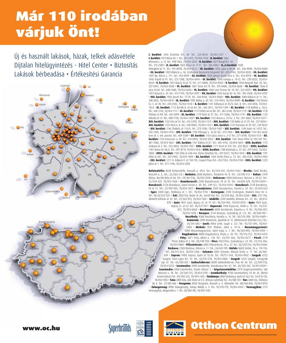 XIX. Dunaharaszti Esztergom Vác Dunakeszi X. XXIII. Budapest Dunaújváros Fót Dabas XVI. XVIII. Kecskemét Veresegyház Eger Szeged XVII. Kerepes Gödöllô Pécel Miskolc I. kerület: I. kerület: II.