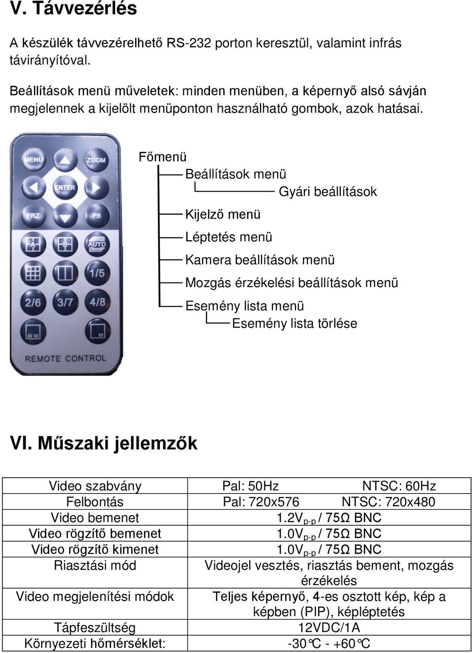 Főmenü Beállítások menü Gyári beállítások Kijelző menü Léptetés menü Kamera beállítások menü Mozgás érzékelési beállítások menü Esemény lista menü Esemény lista törlése VI.