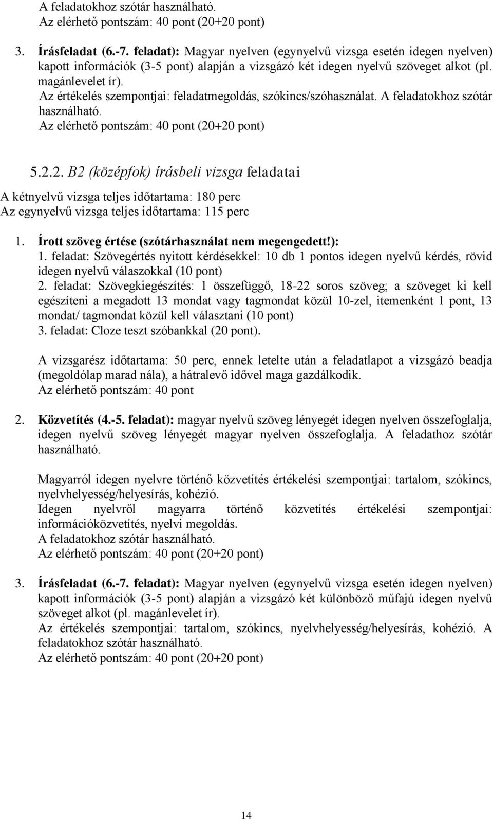 Az értékelés szempontjai: feladatmegoldás, szókincs/szóhasználat. A feladatokhoz szótár használható. Az elérhető pontszám: 40 pont (20