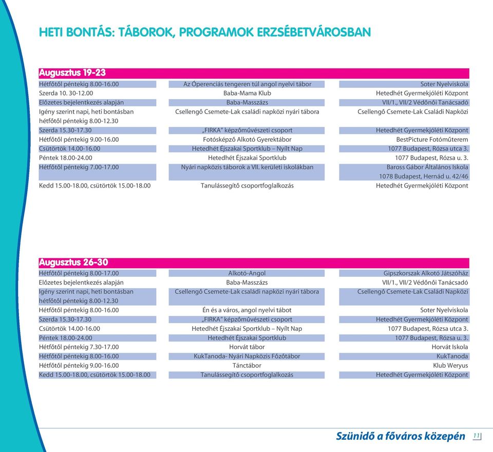 , VII/2 Védônôi Tanácsadó Igény szerint napi, heti bontásban Csellengô Csemete-Lak családi napközi nyári tábora Csellengô Csemete-Lak Családi Napközi hétfôtôl péntekig 8.00-12.30 Szerda 15.30-17.