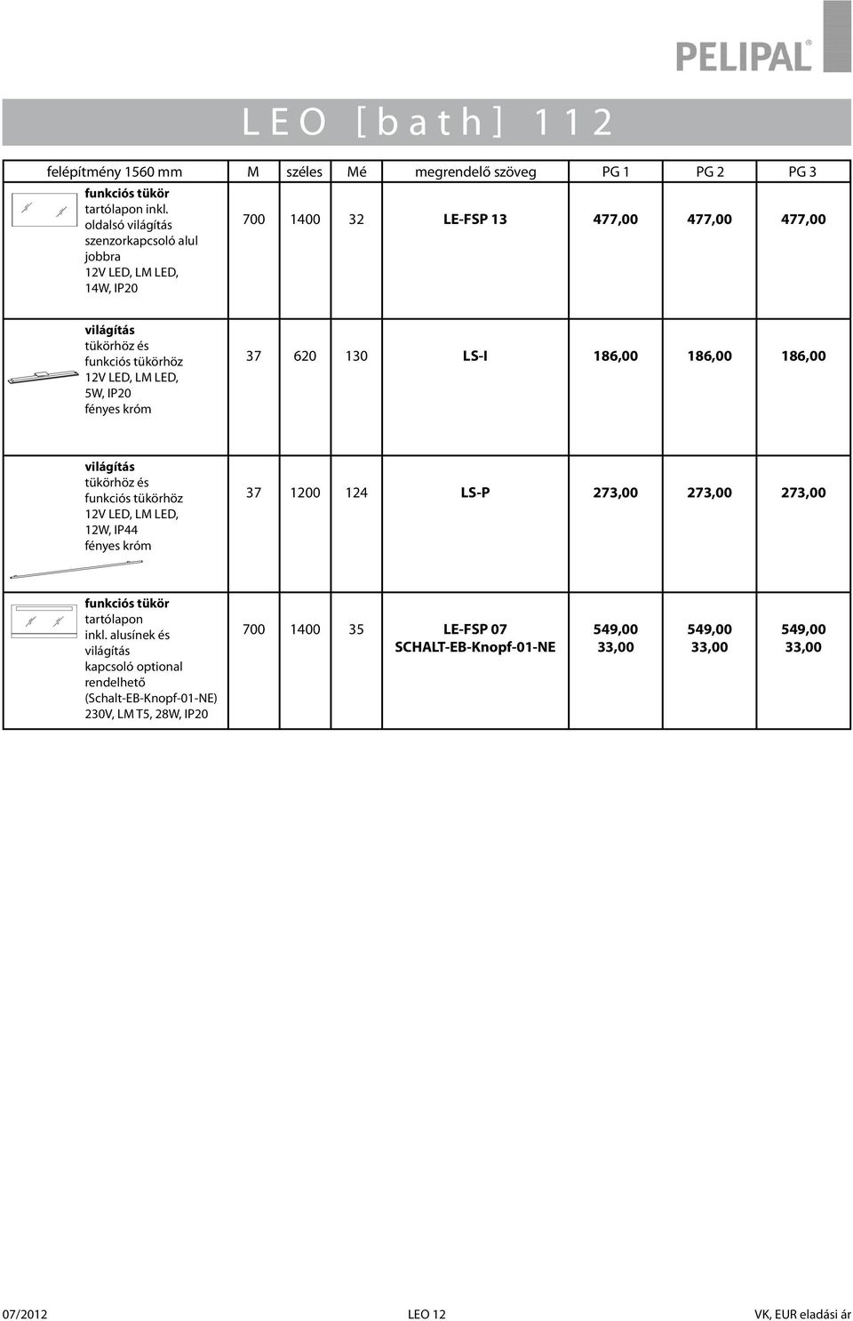 130 LSI 186,00 186,00 186,00 höz 12W, IP44 1200 124 LSP 273,00 273,00 273,00 tartólapon