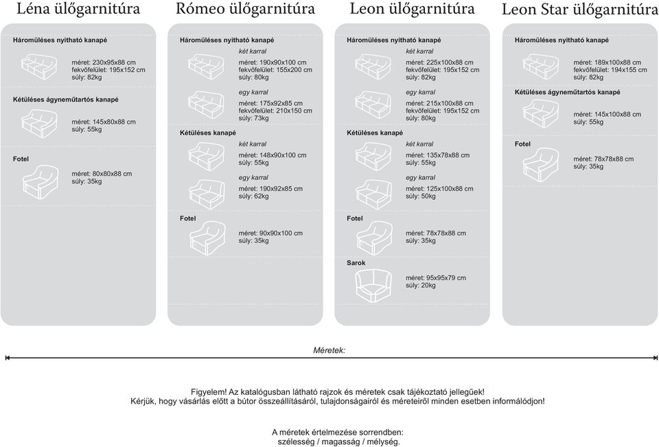 189x100x88 cm fekvőfelület: 194x155 cm súly: 82kg Kétüléses ágyneműtartós kanapé méret: 145x80x88 cm súly: 55kg méret: 175x92x85 cm fekvőfelület: 210x150 cm súly: 73kg Kétüléses kanapé Kétüléses