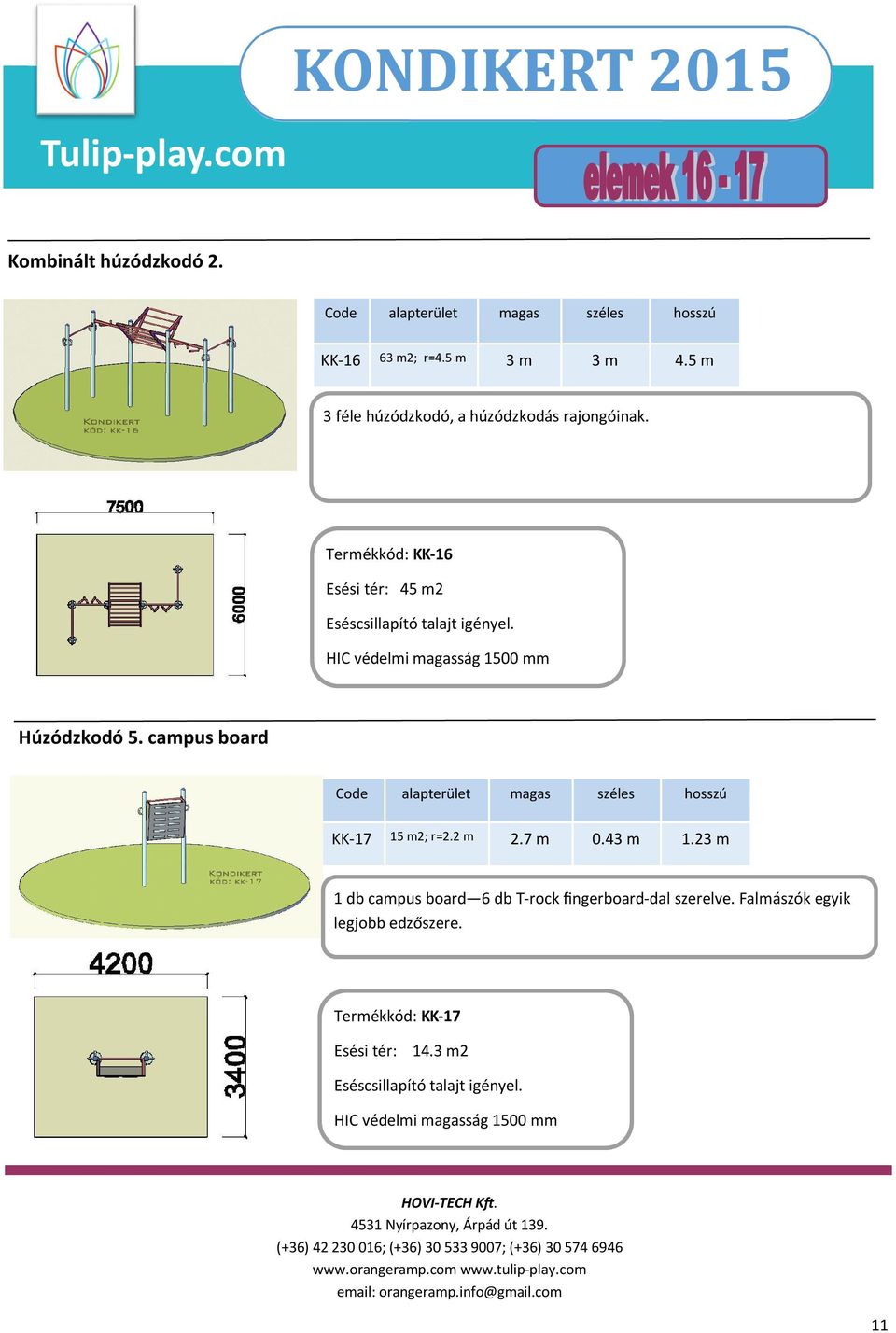 Termékkód: KK-16 Esési tér: 45 m2 Húzódzkodó 5. campus board KK-17 15 m2; r=2.2 m 2.