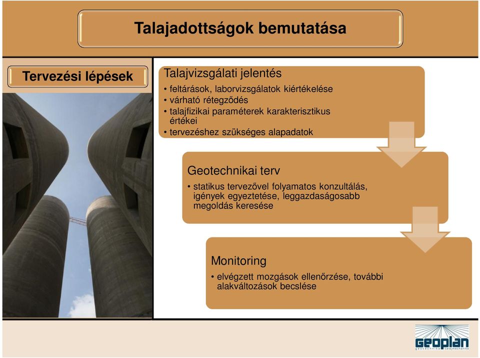 szükséges alapadatok Geotechnikai terv statikus tervez vel folyamatos konzultálás, igények