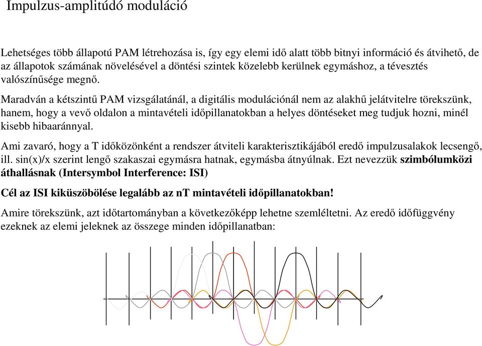 Maradván a kétszint PAM vizsgálatánál, a digitális modulációnál nem az alakh jelátvitelre törekszünk, hanem, hogy a vev oldalon a mintavételi idpillanatokban a helyes döntéseket meg tudjuk hozni,