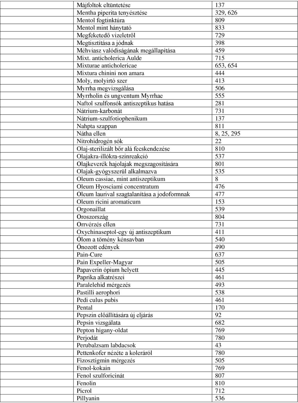 anticholerica Aulde 715 Mixturae anticholericae 653, 654 Mixtura chinini non amara 444 Moly, molyirtó szer 413 Myrrha megvizsgálása 506 Myrrholin és ungventum Myrrhae 555 Naftol szulfonsók