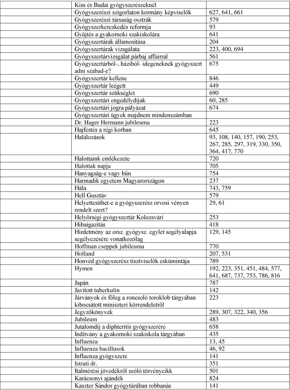 Gyógyszertár kellene 846 Gyógyszertár leégett 449 Gyógyszertár szükséglet 690 Gyógyszertári engedélydíjak 60, 285 Gyógyszertári jogra pályázat 674 Gyógyszertári ügyek majdnem mindenszámban Dr.