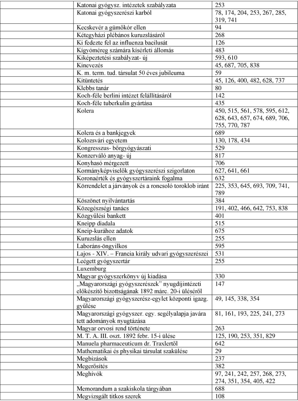 126 Kígyóméreg számára kísérleti állomás 483 Kiképeztetési szabályzat- új 593, 610 Kinevezés 45, 687, 705, 838 K. m. term. tud.