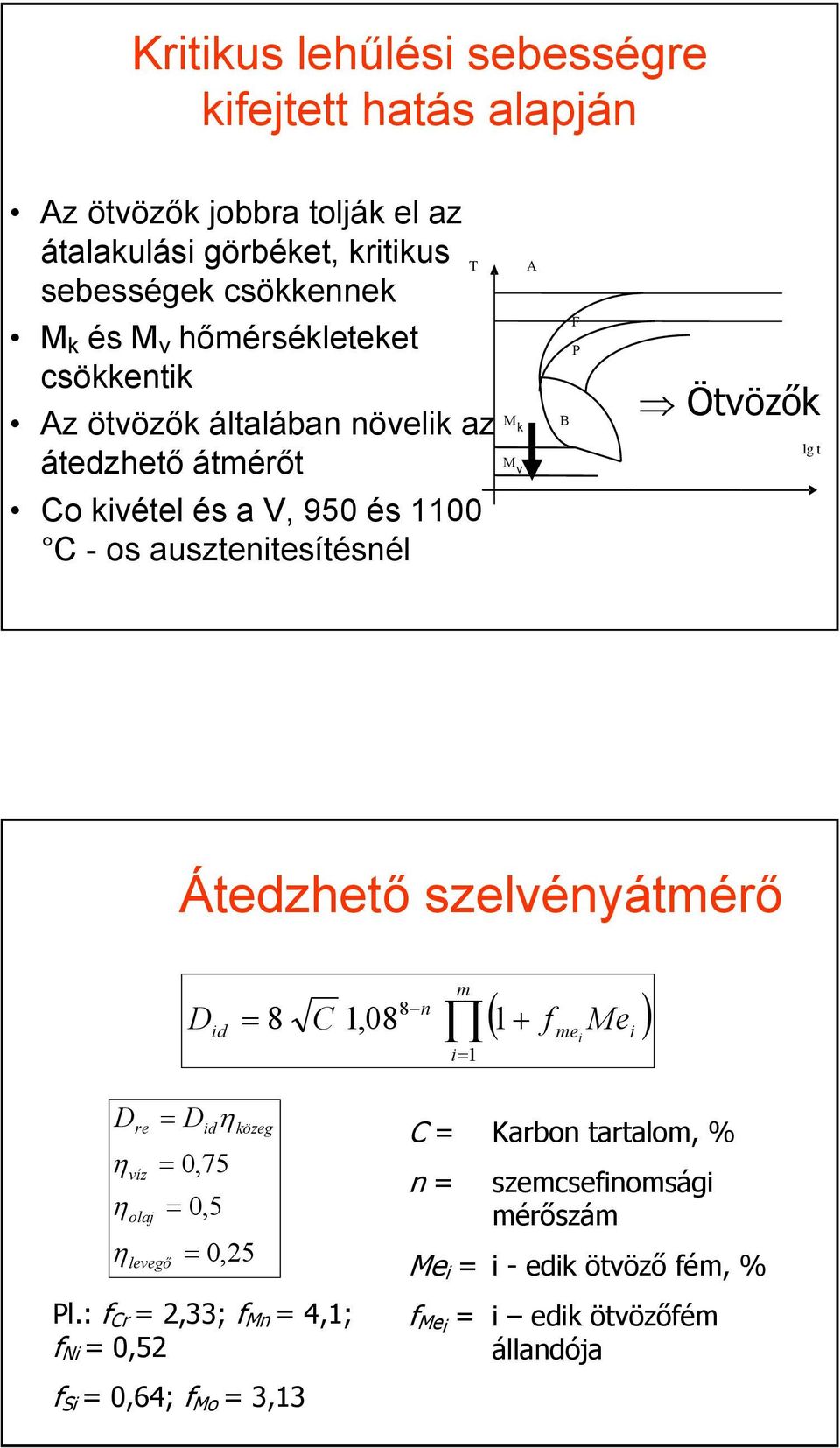 lg t Átedzhető szelvényátmérő D id = 8 C 1,08 8 n m ( 1+ f me Mei ) i i= 1 D re = D id η η η η víz olaj levegő = 0,75 = 0,5 közeg = 0,25 Pl.