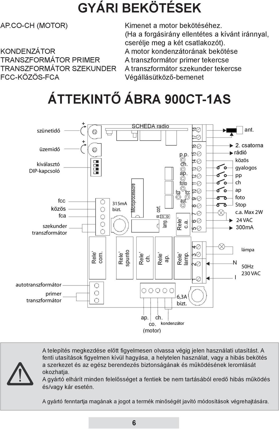 A motor kondenzátorának bekötése A transzformátor primer tekercse A transzformátor szekunder tekercse Végállásütköző-bemenet ÁTTEKINTŐ ÁBRA 900CT-1AS fcc közös fca + + Rele com. Mem.