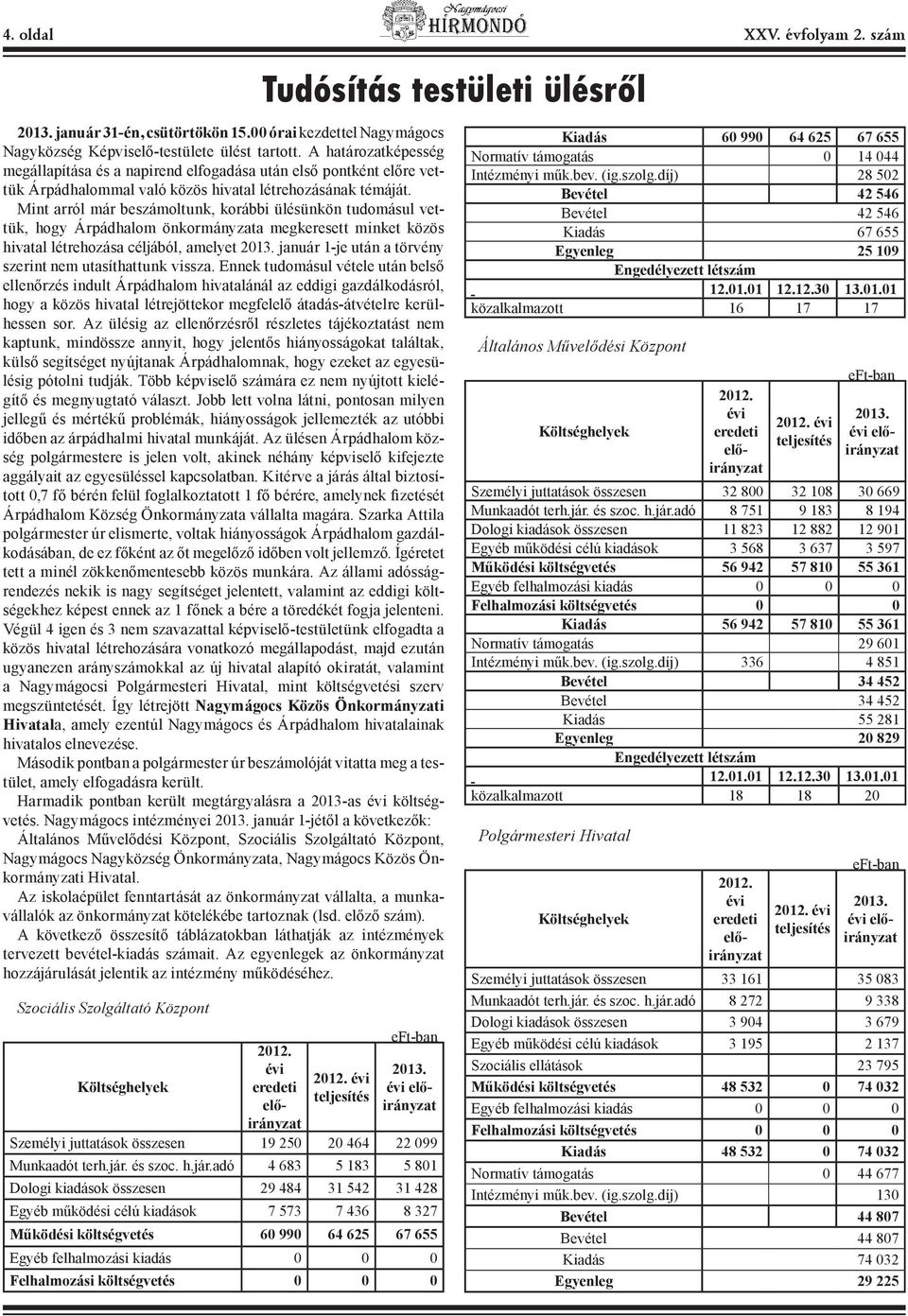 Mint arról már beszámoltunk, korábbi ülésünkön tudomásul vettük, hogy Árpádhalom önkormányzata megkeresett minket közös hivatal létrehozása céljából, amelyet 2013.