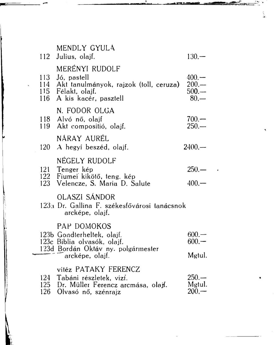 kép 123 Velencze, S. Maria D. Salute 400. OLASZ1 SÁNDOR 123a Dr. Gallina F. székesfővárosi tanácsnok arcképe, olajf. PAP DOMOKOS 123b Gondterheltek, olajf.