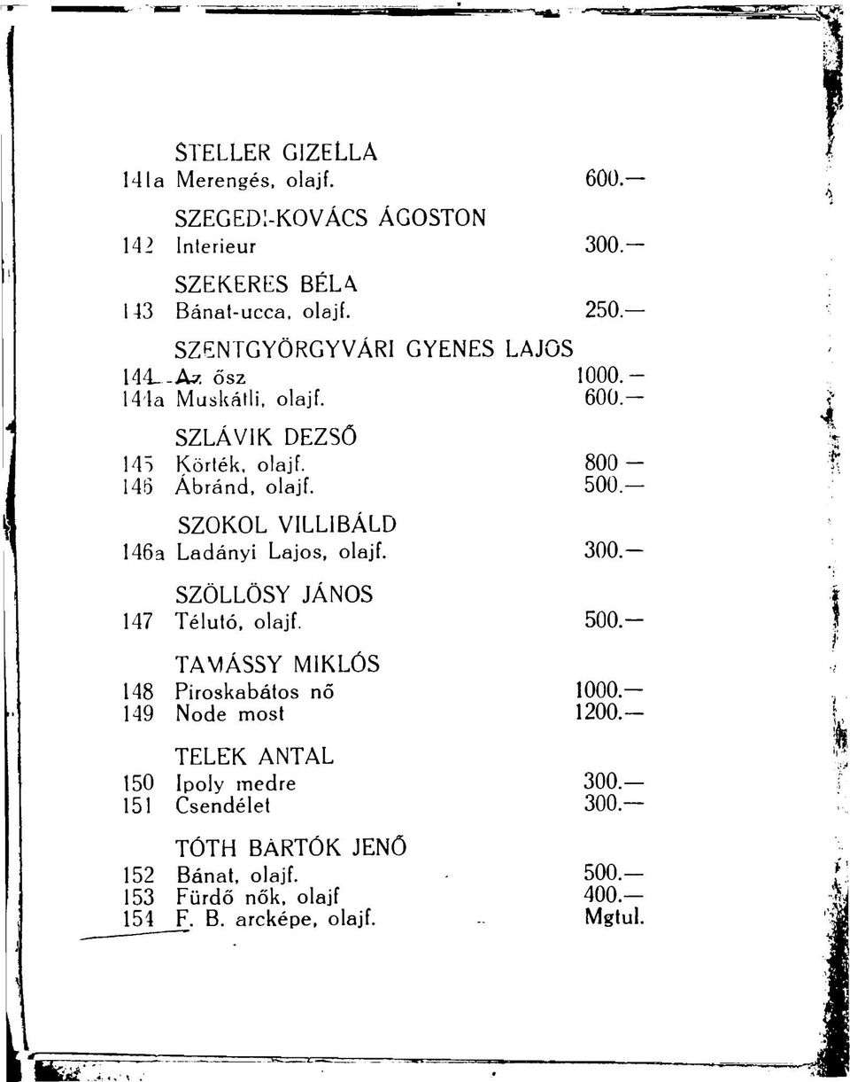 500 SZOKOL VILLIBÁLD 146a Ladányi Lajos, olajf. 300. SZÖLLÖSY JÁNOS 147 Télutó, olajf.