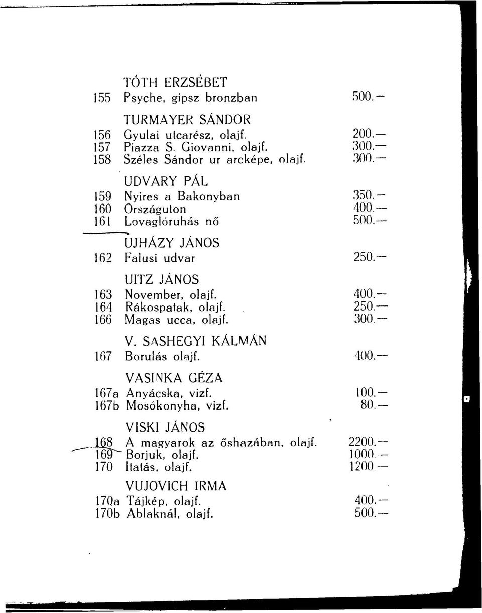 UITZ JÁNOS 163 November, olajf. 400-164 Rákospatak, olajf. 250 166 Magas ucca, olajf. 300. V. SASHEGYI KÁLMÁN 167 Borulás olajf.