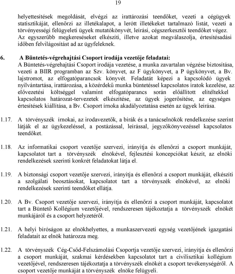 6. A Büntetés-végrehajtási Csoport irodája vezetője feladatai: A Büntetés-végrehajtási Csoport irodája vezetése, a munka zavartalan végzése biztosítása, vezeti a BIIR programban az Szv.