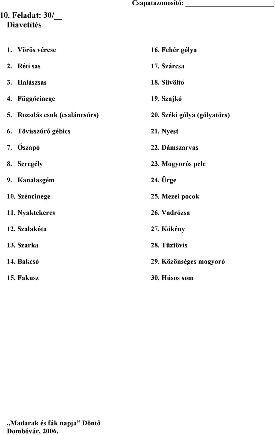 Szalakóta 13. Szarka 14. Bakcsó 15. Fakusz 16. Fehér gólya 17. Szárcsa 18. Süvöltő 19. Szajkó 20.