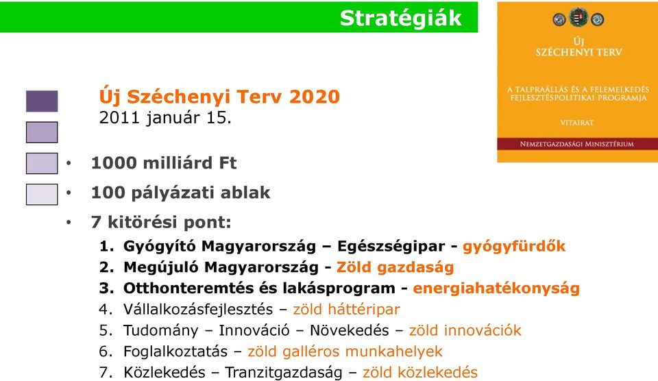 Otthonteremtés és lakásprogram - energiahatékonyság 4. Vállalkozásfejlesztés zöld háttéripar 5.