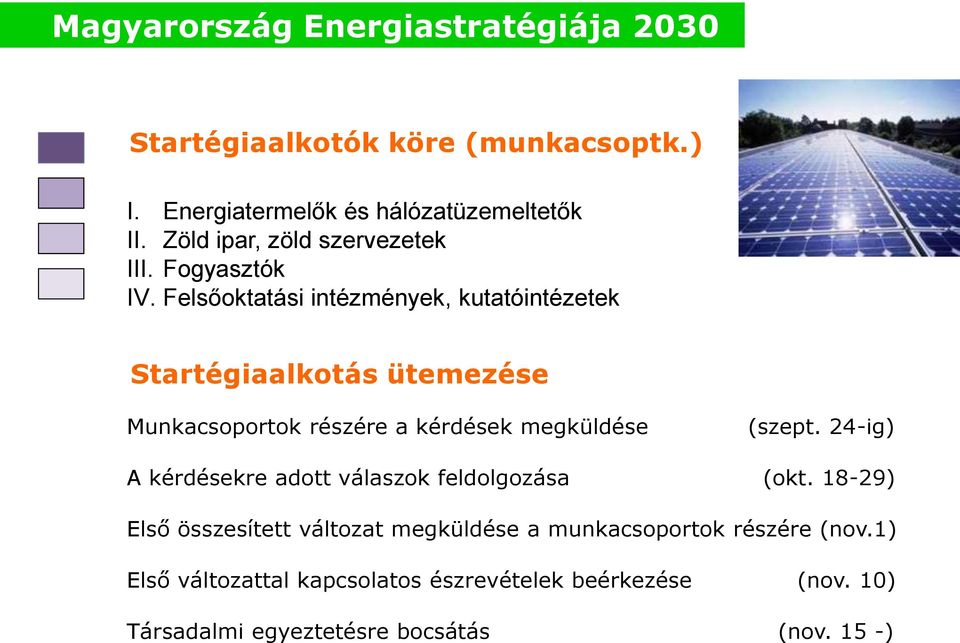 Felsőoktatási intézmények, kutatóintézetek Startégiaalkotás ütemezése Munkacsoportok részére a kérdések megküldése (szept.