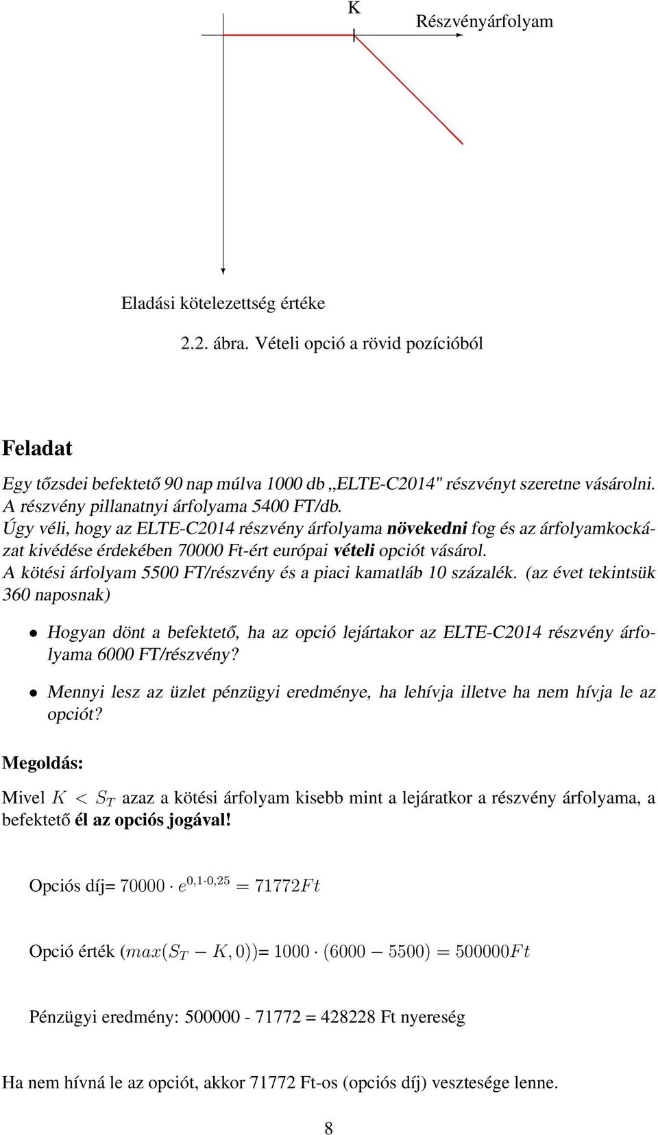 A kötési árfolyam 5500 FT/részvény és a piaci kamatláb 10 százalék. (az évet tekintsük 360 naposnak) Hogyan dönt a befektető, ha az opció lejártakor az ELTE-C2014 részvény árfolyama 6000 FT/részvény?