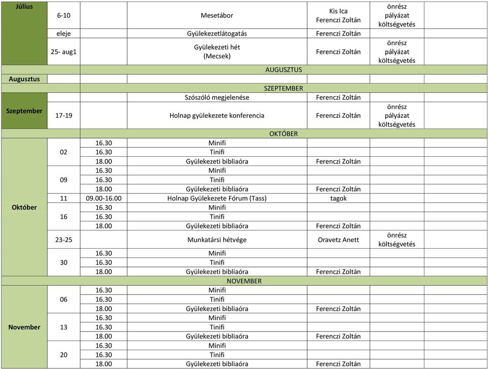 AUGUSZTUS SZEPTEMBER 17-19 Holnap gyülekezete konferencia OKTÓBER 02 09 11 09.