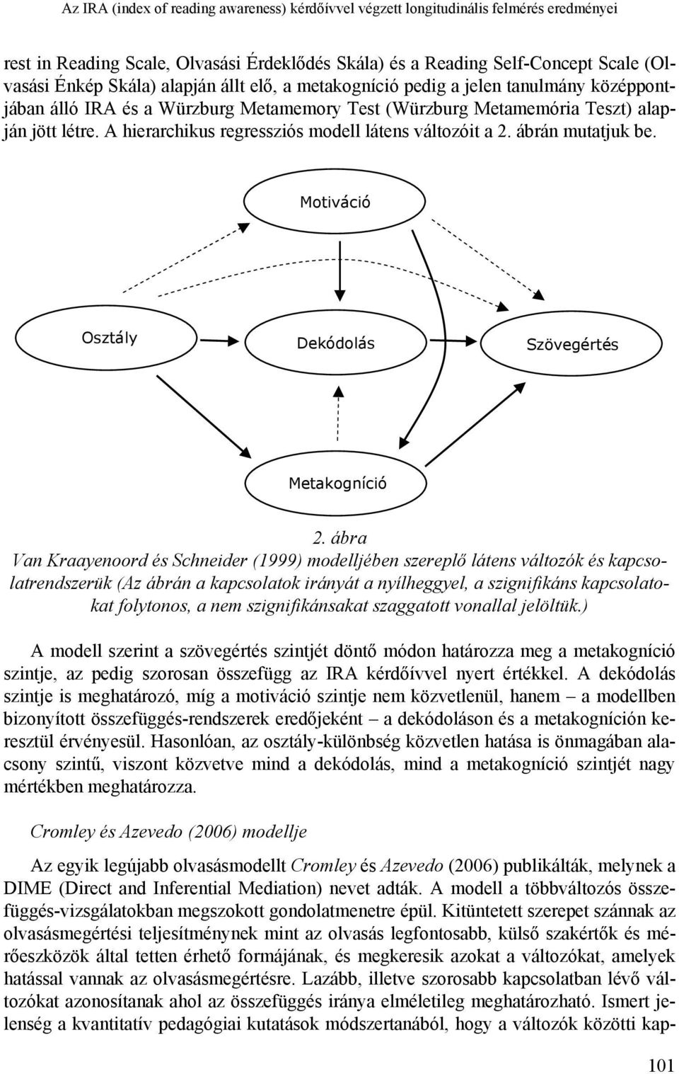 A hierarchikus regressziós modell látens változóit a 2. ábrán mutatjuk be. Motiváció Osztály Dekódolás Szövegértés Metakogníció 2.