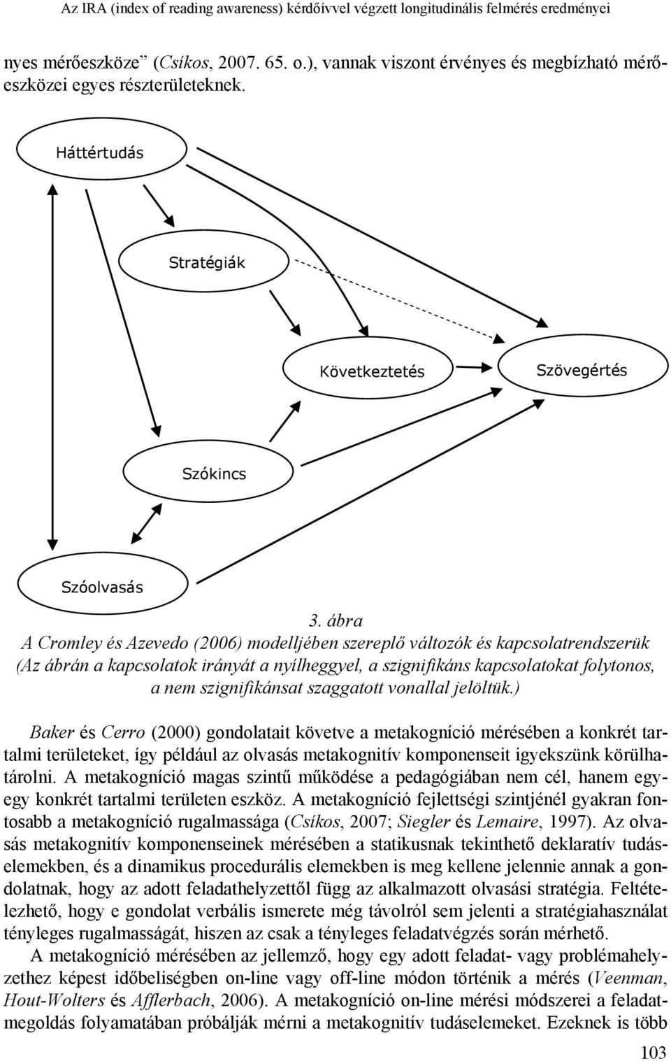 ábra A Cromley és Azevedo (2006) modelljében szereplő változók és kapcsolatrendszerük (Az ábrán a kapcsolatok irányát a nyílheggyel, a szignifikáns kapcsolatokat folytonos, a nem szignifikánsat