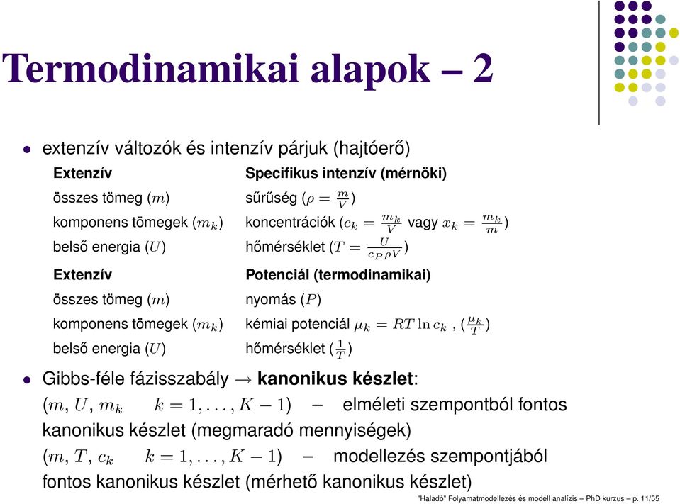 µ k = RT ln c k, ( µ k T ) belső energia (U) hőmérséklet ( 1 T ) Gibbs-féle fázisszabály kanonikus készlet: (m, U, m k k = 1,.