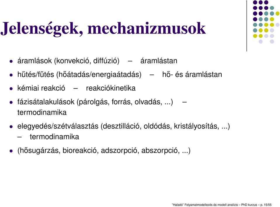 forrás, olvadás,...) termodinamika elegyedés/szétválasztás (desztilláció, oldódás, kristályosítás,.