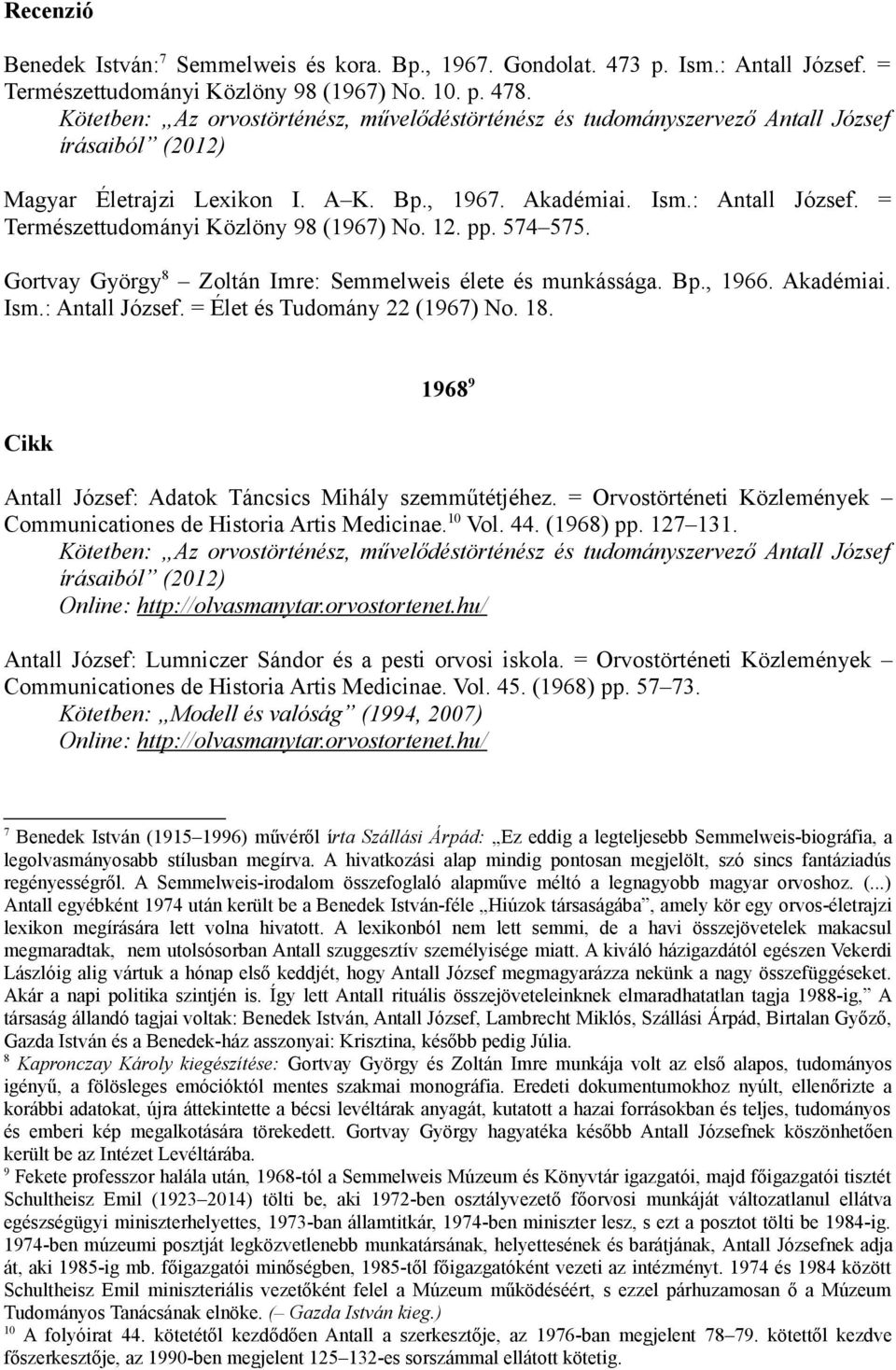 18. 1968 9 Antall József: Adatok Táncsics Mihály szemműtétjéhez. = Orvostörténeti Közlemények Communicationes de Historia Artis Medicinae. 10 Vol. 44. (1968) pp. 127 131. Online: http://olvasmanytar.