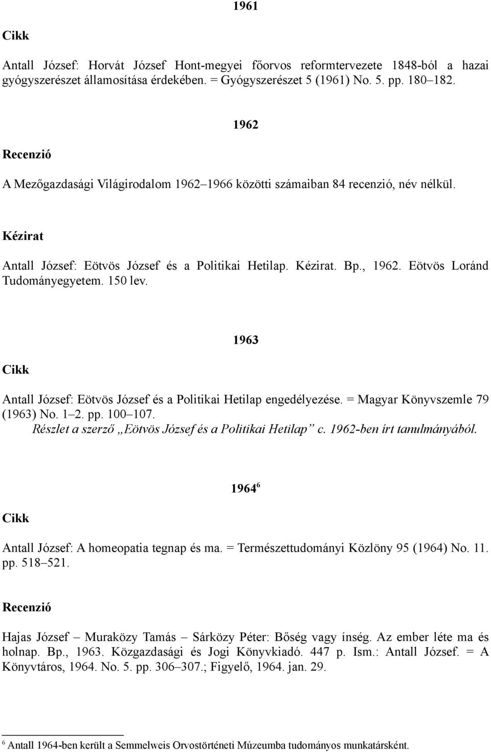 Eötvös Loránd Tudományegyetem. 150 lev. 1963 Antall József: Eötvös József és a Politikai Hetilap engedélyezése. = Magyar Könyvszemle 79 (1963) No. 1 2. pp. 100 107.