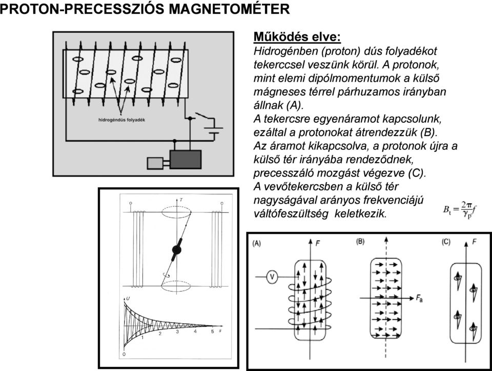 A tekercsre egyenáramot kapcsolunk, ezáltal a protonokat átrendezzük (B).