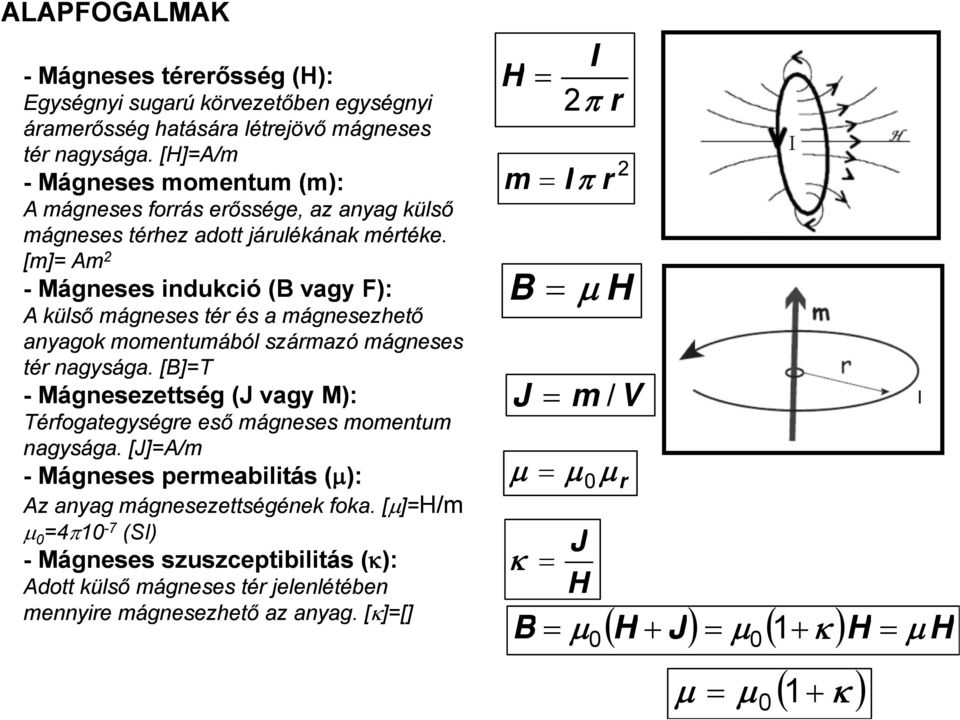 [m]= Am 2 - Mágneses indukció (B vagy F): A külső mágneses tér és a mágnesezhető anyagok momentumából származó mágneses tér nagysága.