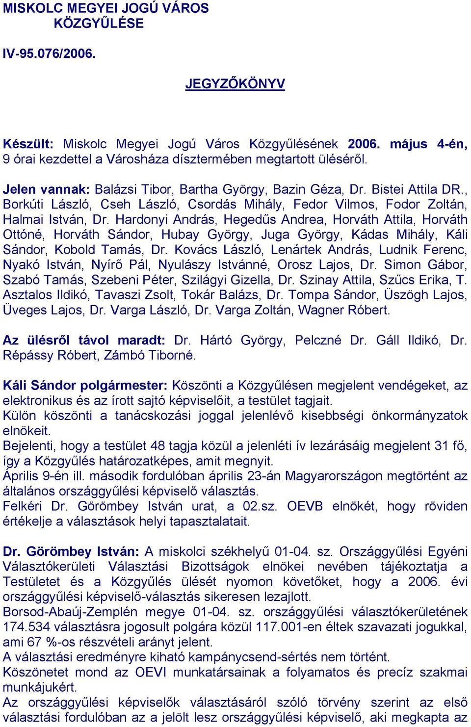 Hardonyi András, Hegedűs Andrea, Horváth Attila, Horváth Ottóné, Horváth Sándor, Hubay György, Juga György, Kádas Mihály, Káli Sándor, Kobold Tamás, Dr.