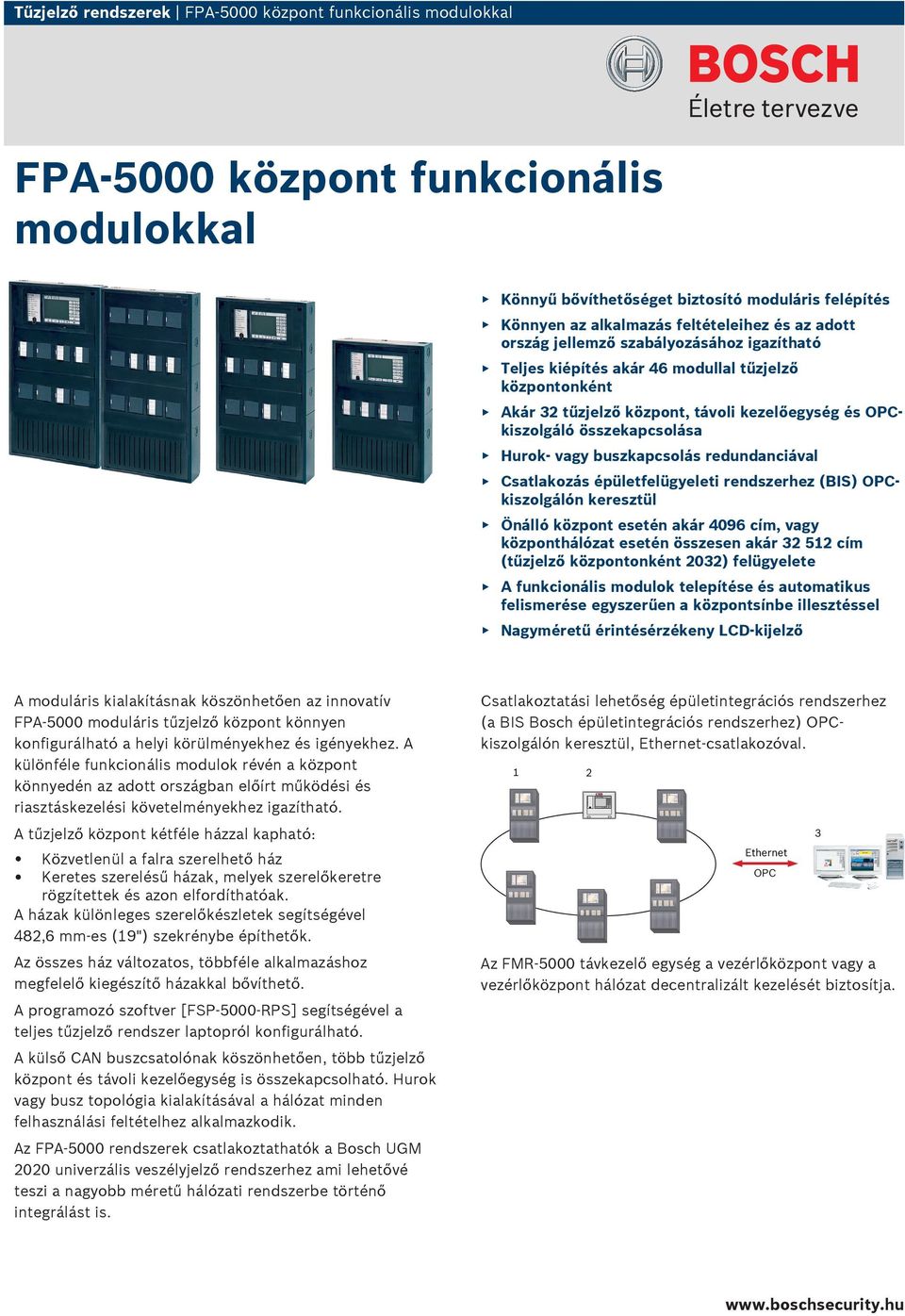 redundanciával Csatlakozás épületfelügyeleti rendszerhez (BS) OPCkiszolgálón keresztül Önálló központ esetén akár 4096 cím, vagy központhálózat esetén összesen akár 32 512 cím (tűzjelző központonként