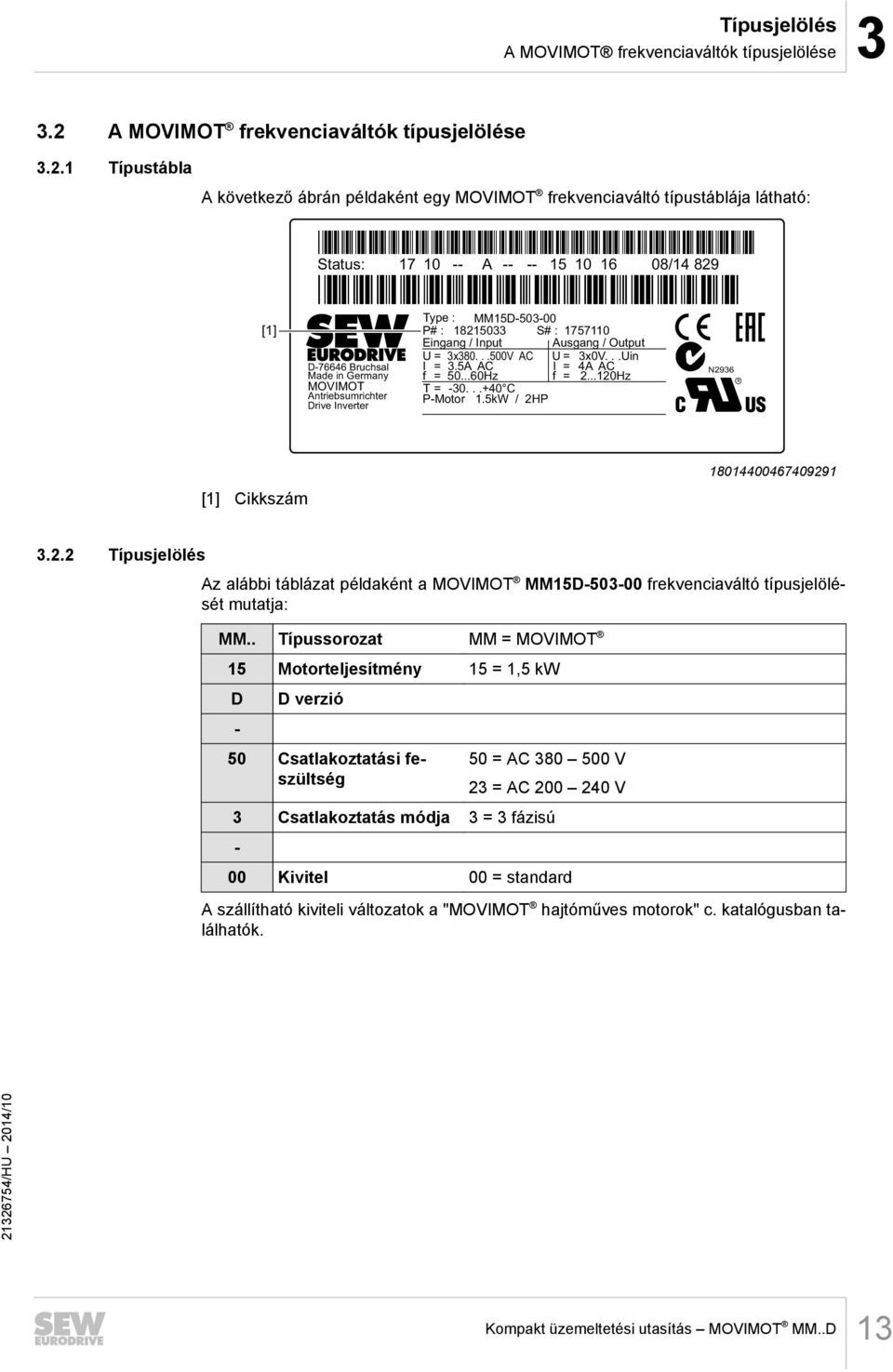 1 Típustábla A következő ábrán példaként egy MOVIMOT frekvenciaváltó típustáblája látható: Status: 17 10 -- A -- -- 15 10 16 08/14 829 [1] Type : MM15D-503-00 P# : 18215033 S# : 1757110 Eingang /