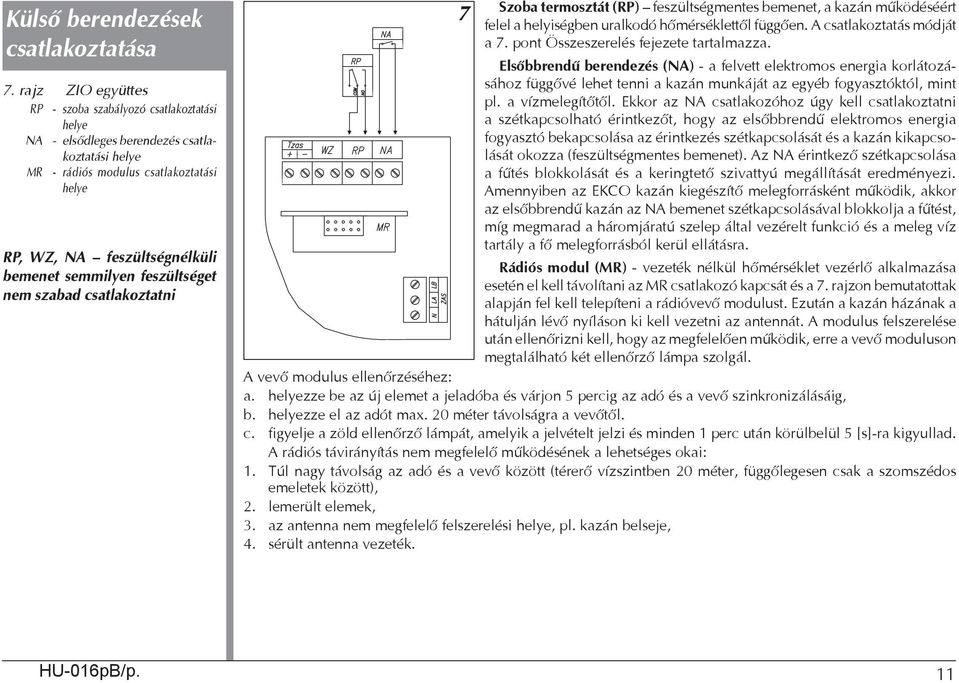 feszültséget nem szabad csatlakoztatni 7 Szoba termosztát (RP) feszültségmentes bemenet, a kazán működéséért felel a helyiségben uralkodó hőmérséklettől függően. A csatlakoztatás módját a 7.