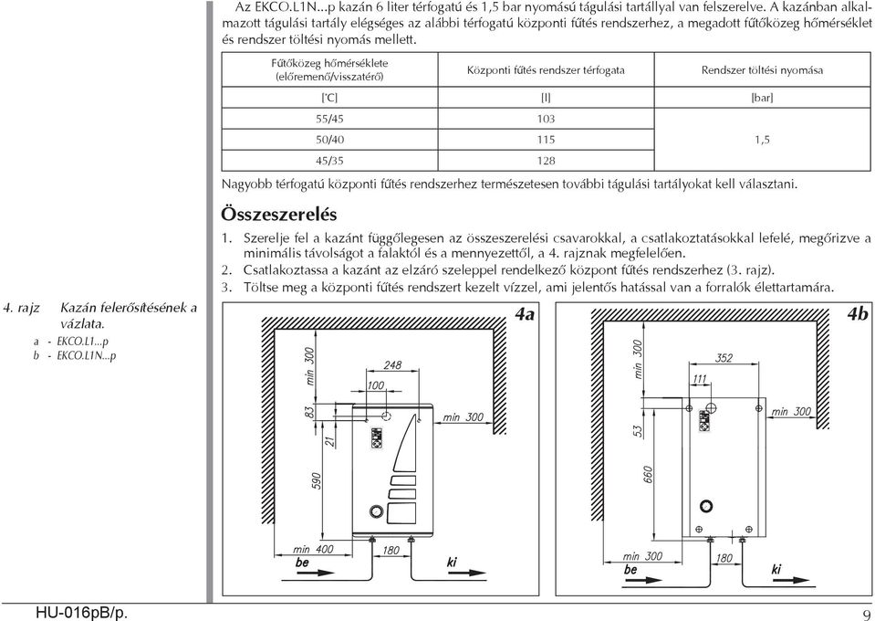 Fűtőközeg hőmérséklete (előremenő/visszatérő) Központi fűtés rendszer térfogata Rendszer töltési nyomása [ C] [l] [bar] 55/45 103 50/40 115 1,5 45/35 128 Nagyobb térfogatú központi fűtés rendszerhez