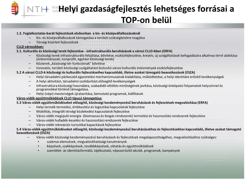 1. Kulturális és közösségi terek fejlesztése - infrastrukturális beruházások a városi CLLD-kben(ERFA) Közösségi terek infrastrukturális felújítása, bővítése, eszközfejlesztése, kreatív, új