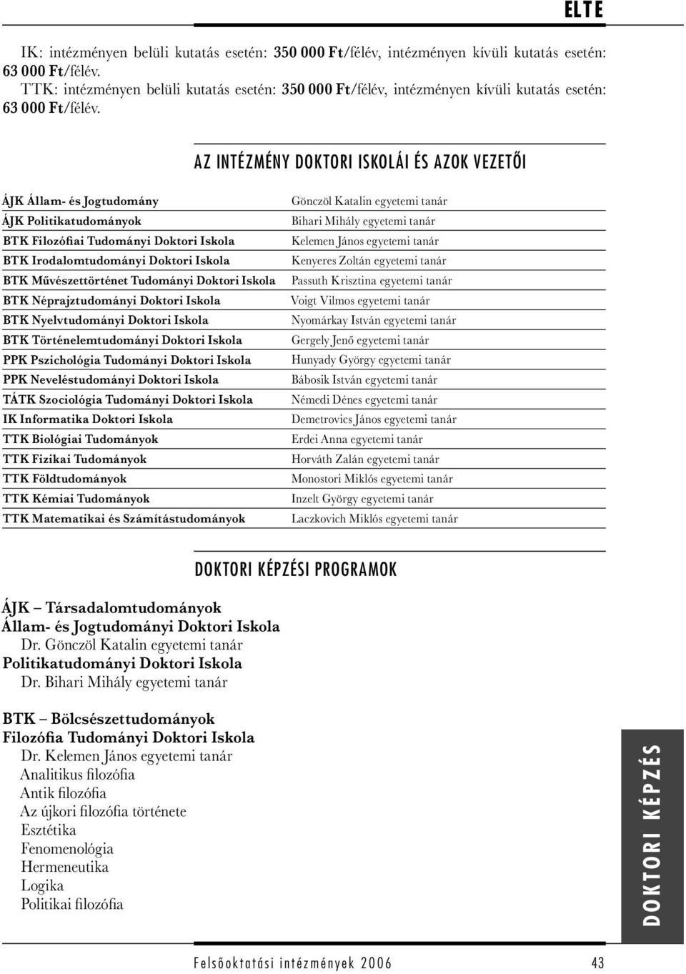 AZ INTÉZMÉNY DOKTORI ISKOLÁI ÉS AZOK VEZETŐI ÁJK Állam- és Jogtudomány ÁJK Politikatudományok BTK Filozófiai Tudományi Doktori Iskola BTK Irodalomtudományi Doktori Iskola BTK Művészettörténet