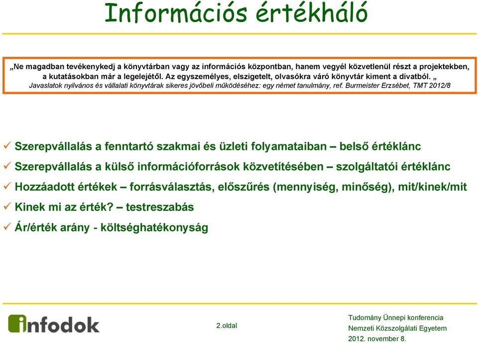 Burmeister Erzsébet, TMT 2012/8 Szerepvállalás a fenntartó szakmai és üzleti folyamataiban belső értéklánc Szerepvállalás a külső információforrások közvetítésében