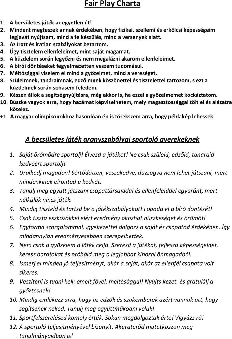 Úgy tisztelem ellenfeleimet, mint saját magamat. 5. A küzdelem során legyőzni és nem megalázni akarom ellenfeleimet. 6. A bírói döntéseket fegyelmezetten veszem tudomásul. 7.