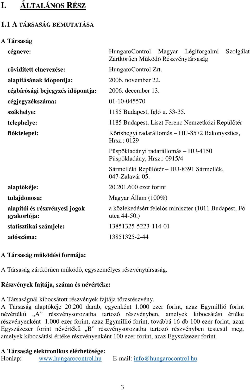 telephelye: fióktelepei: alaptőkéje: 1185 Budapest, Liszt Ferenc Nemzetközi Repülőtér Kőrishegyi radarállomás HU-8572 Bakonyszücs, Hrsz.: 0129 Püspökladányi radarállomás HU-4150 Püspökladány, Hrsz.