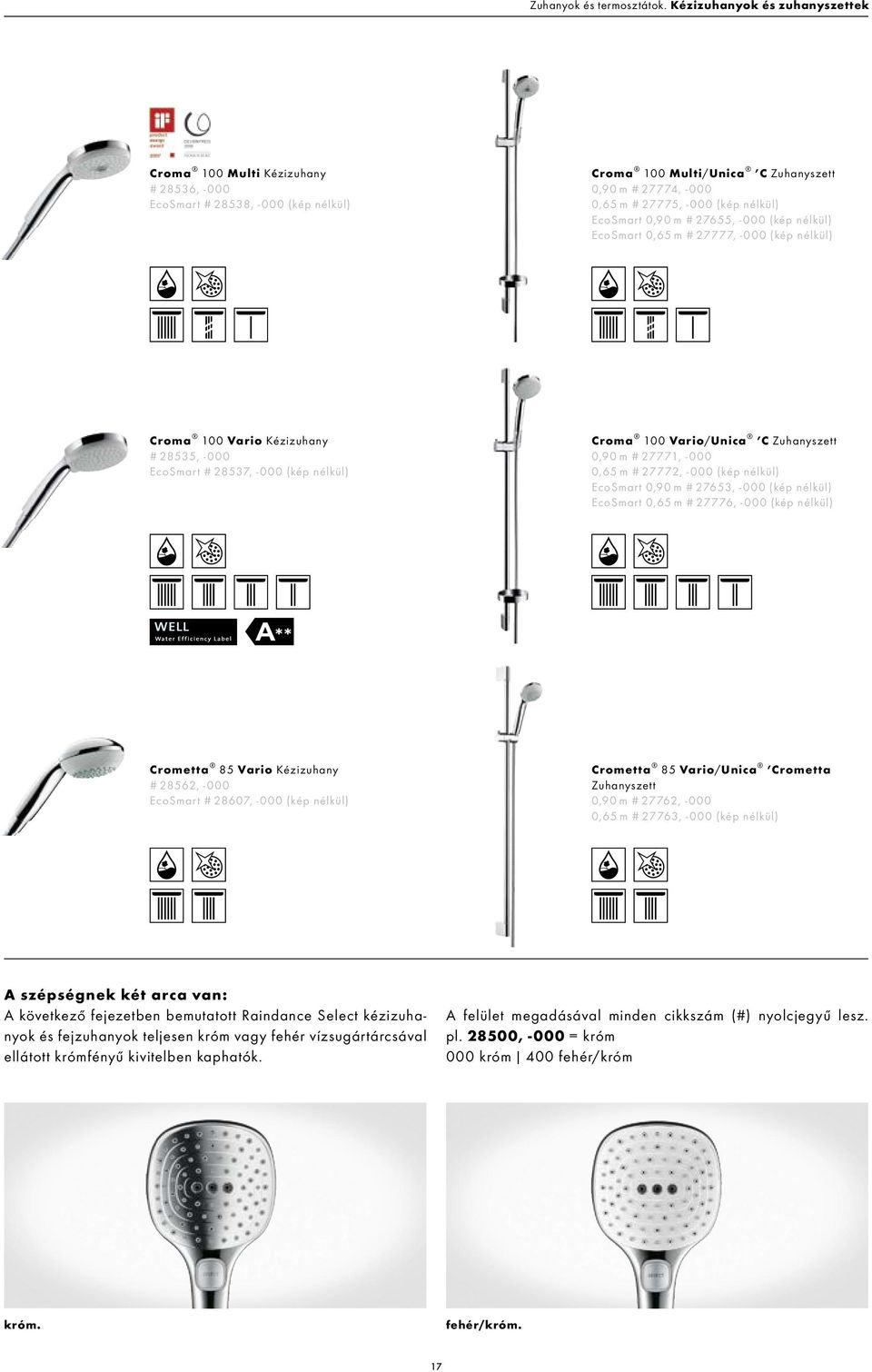 EcoSmart 0,90 m # 27655, -000 (kép nélkül) EcoSmart 0,65 m # 27777, -000 (kép nélkül) Croma 100 Vario Kézizuhany # 28535, -000 EcoSmart # 28537, -000 (kép nélkül) Croma 100 Vario/Unica C Zuhanyszett