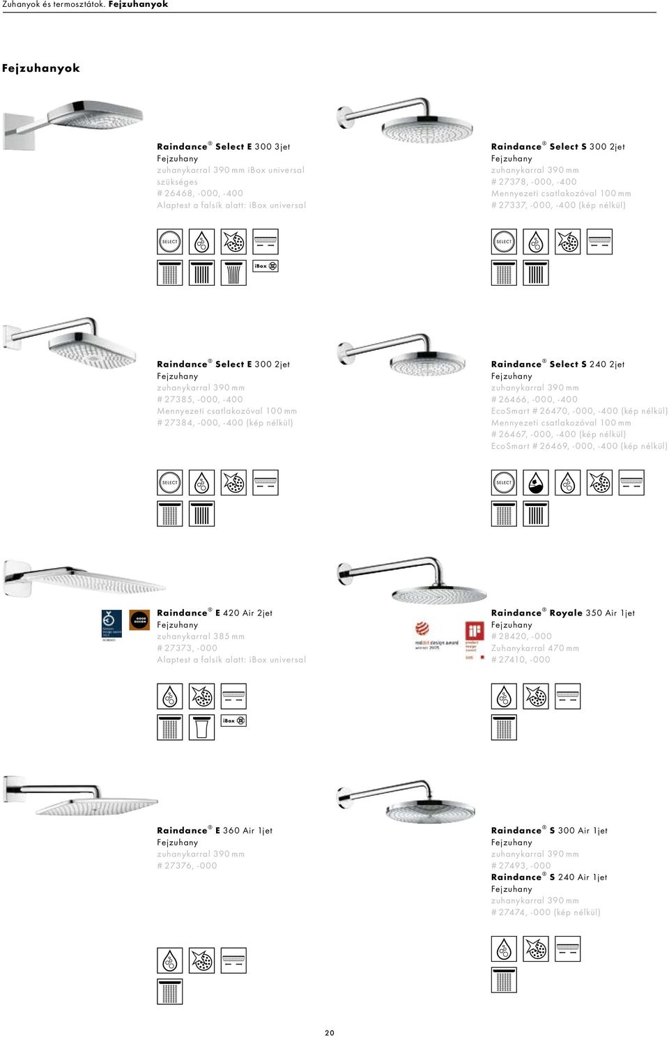 Fejzuhany zuhanykarral 390 mm # 27378, -000, -400 Mennyezeti csatlakozóval 100 mm # 27337, -000, -400 (kép nélkül) ibox Raindance Select E 300 2jet Fejzuhany zuhanykarral 390 mm # 27385, -000, -400