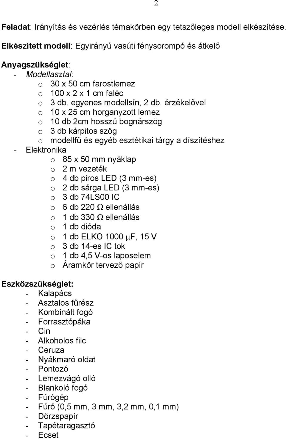 érzékelővel o 10 x 25 cm horganyzott lemez o 10 db 2cm hosszú bognárszög o 3 db kárpitos szög o modellfű és egyéb esztétikai tárgy a díszítéshez - Elektronika o 85 x 50 mm nyáklap o 2 m vezeték o 4