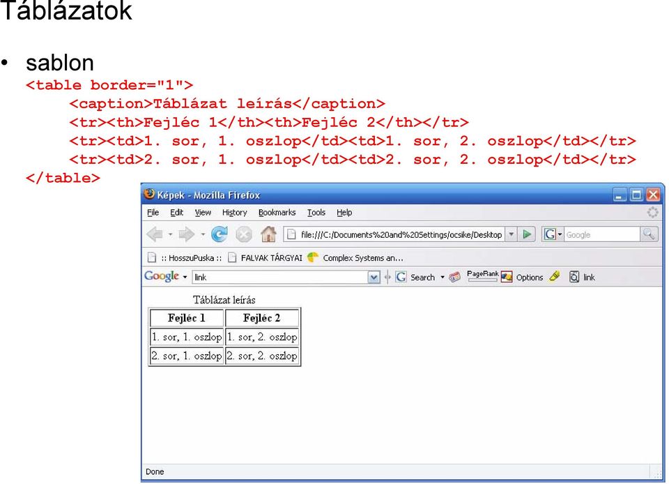 <tr><td>1. sor, 1. oszlop</td><td>1. sor, 2.